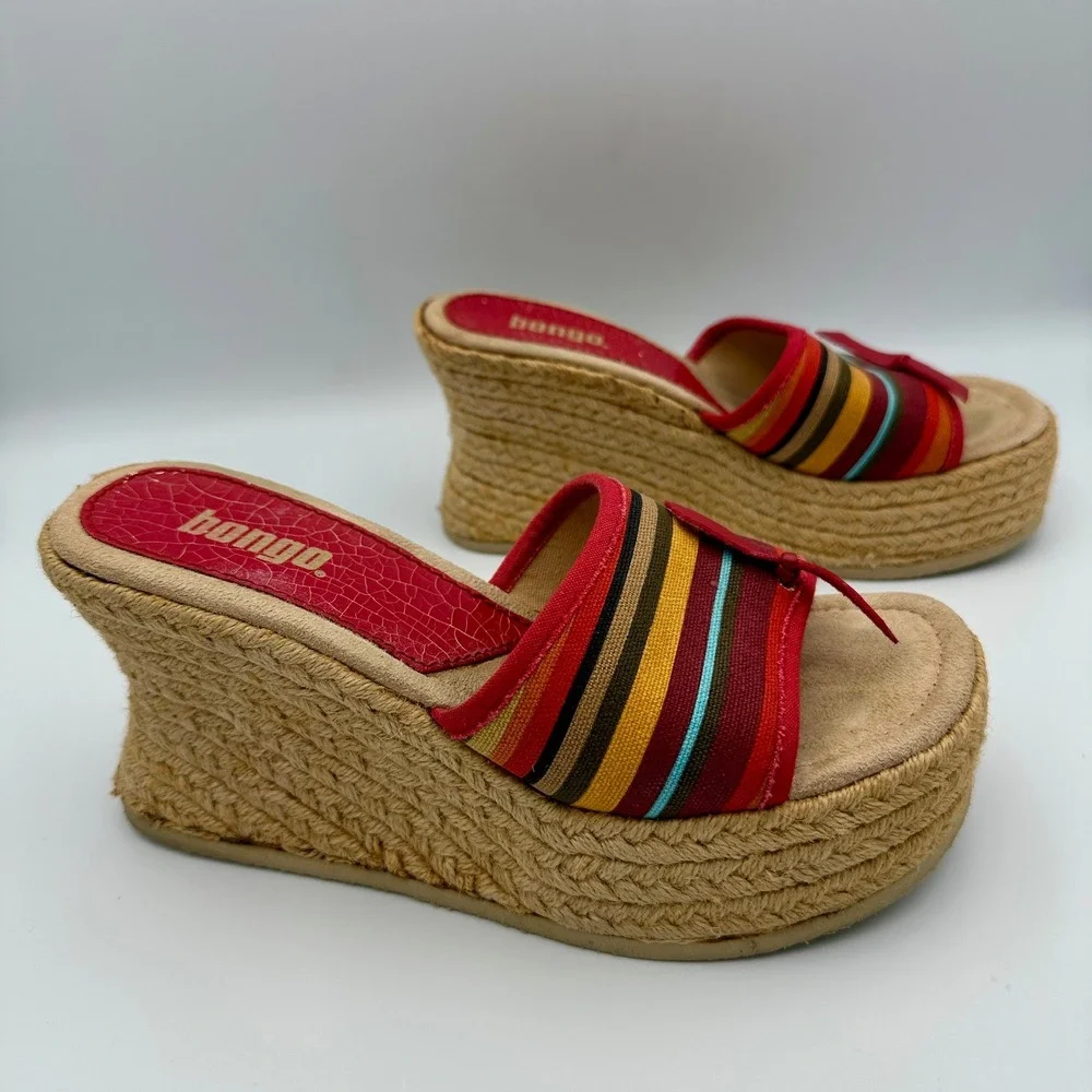 Bongo Sherri Womens Red Multi Stripe Platform Wedge Espadrille Sandals Size 7.5M